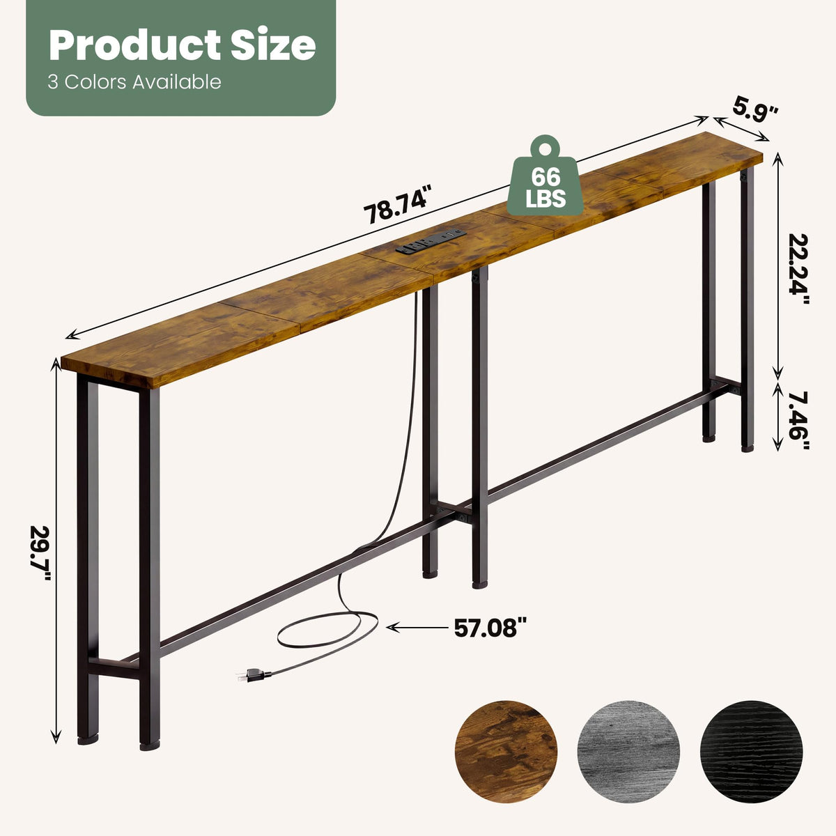 78" Sofa Table with Built-in Power Strip Metal Frame M350