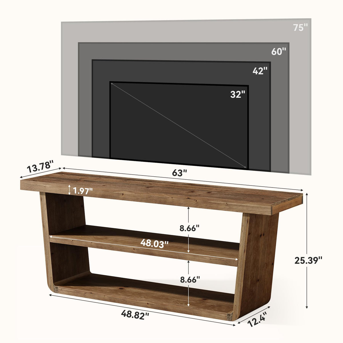63" Solid Wood 3-Tier TV Stand I2224