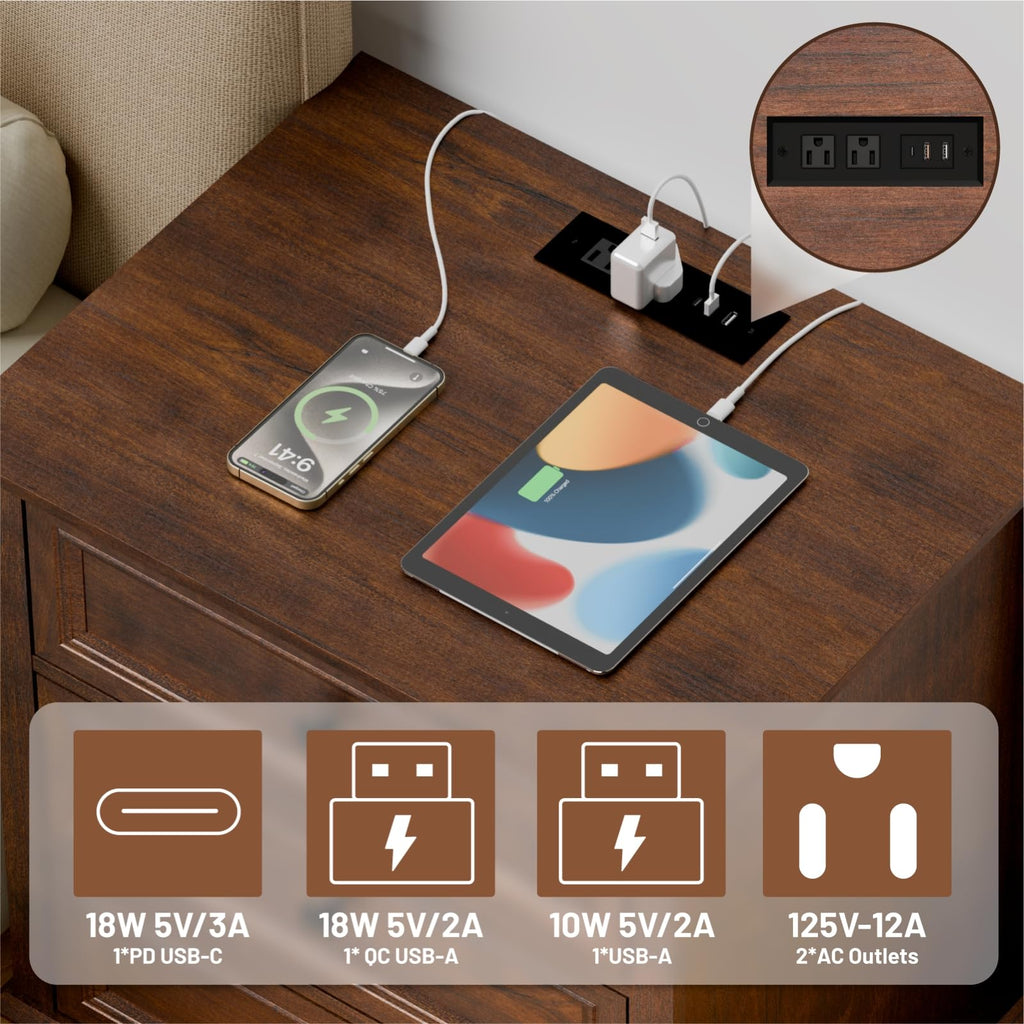 Cherry 3 Drawer Wood Nightstand with Charging Station S466607