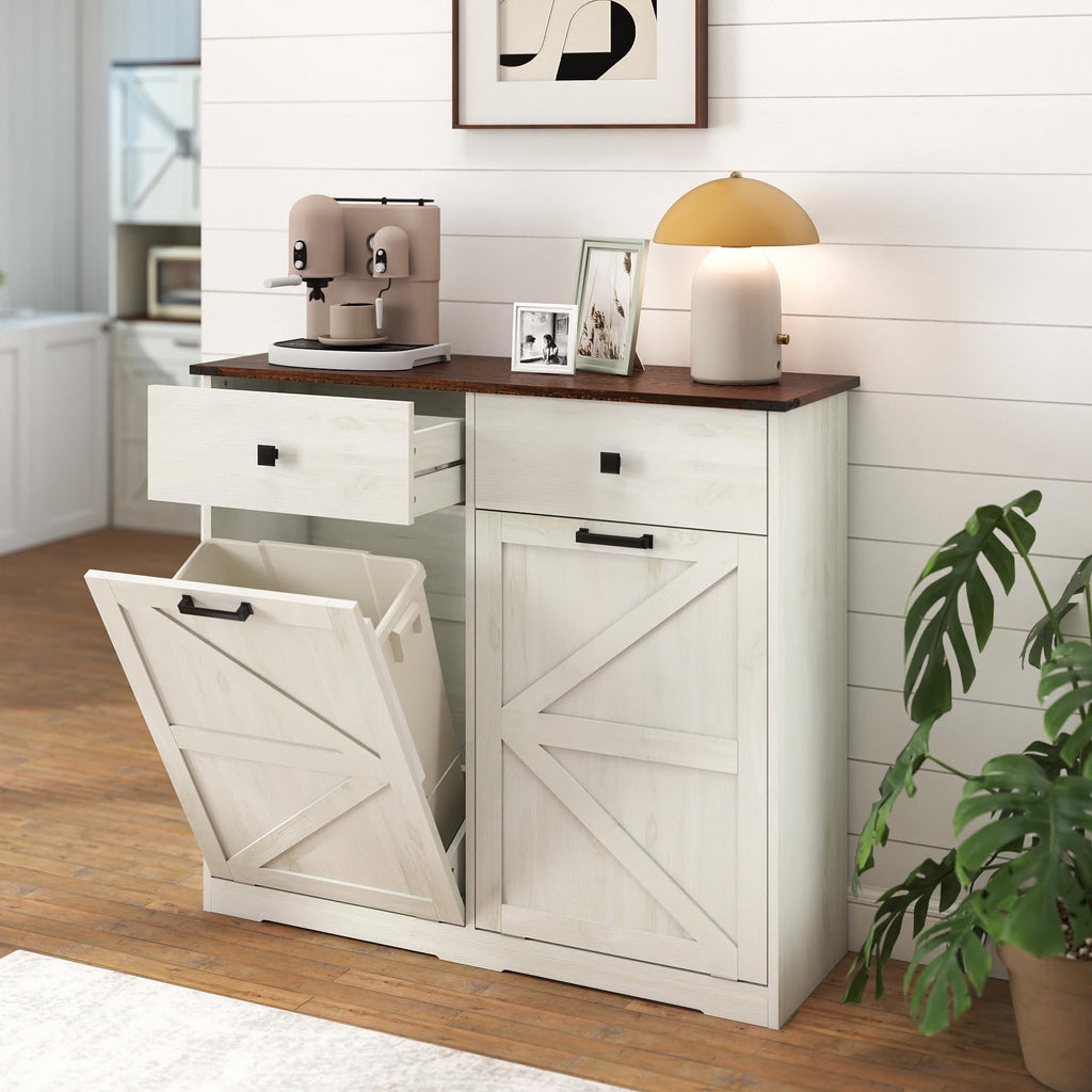 Double Tilt Out Trash Cabinet with Storage Drawers, Antique White J737473