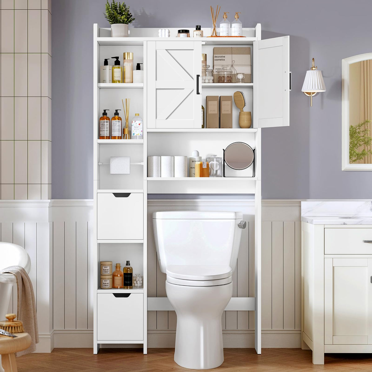 White Over the Toilet Storage Cabinet with 2 Removable Drawers V793277