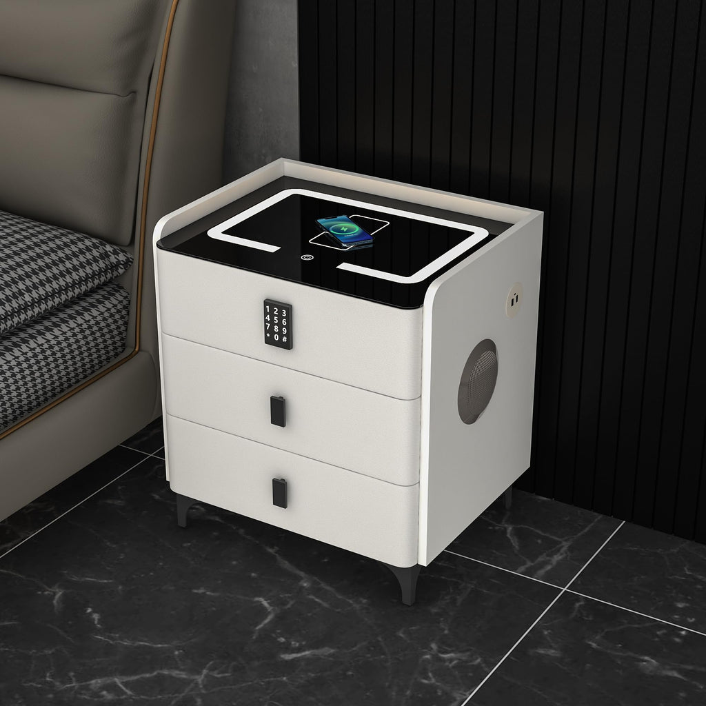 White Nightstand with Charging Station and LED Lights B5774