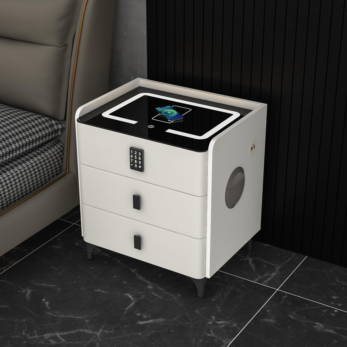 White Nightstand with Charging Station and LED Lights B5774