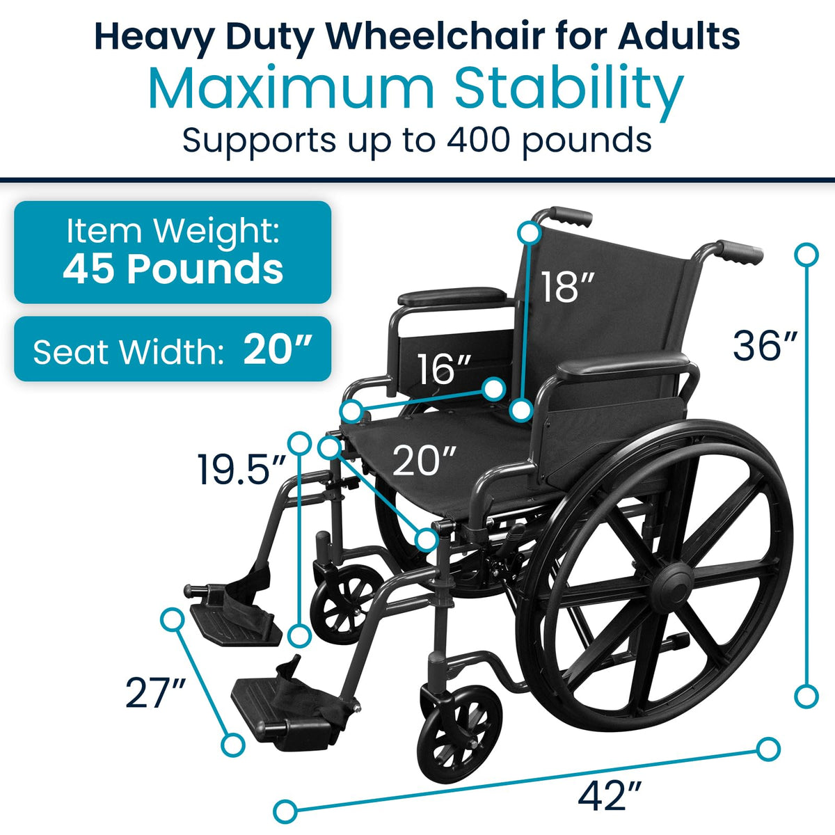 Bariatric Wheelchair 400 lb Heavy Duty 20” Seat I3802