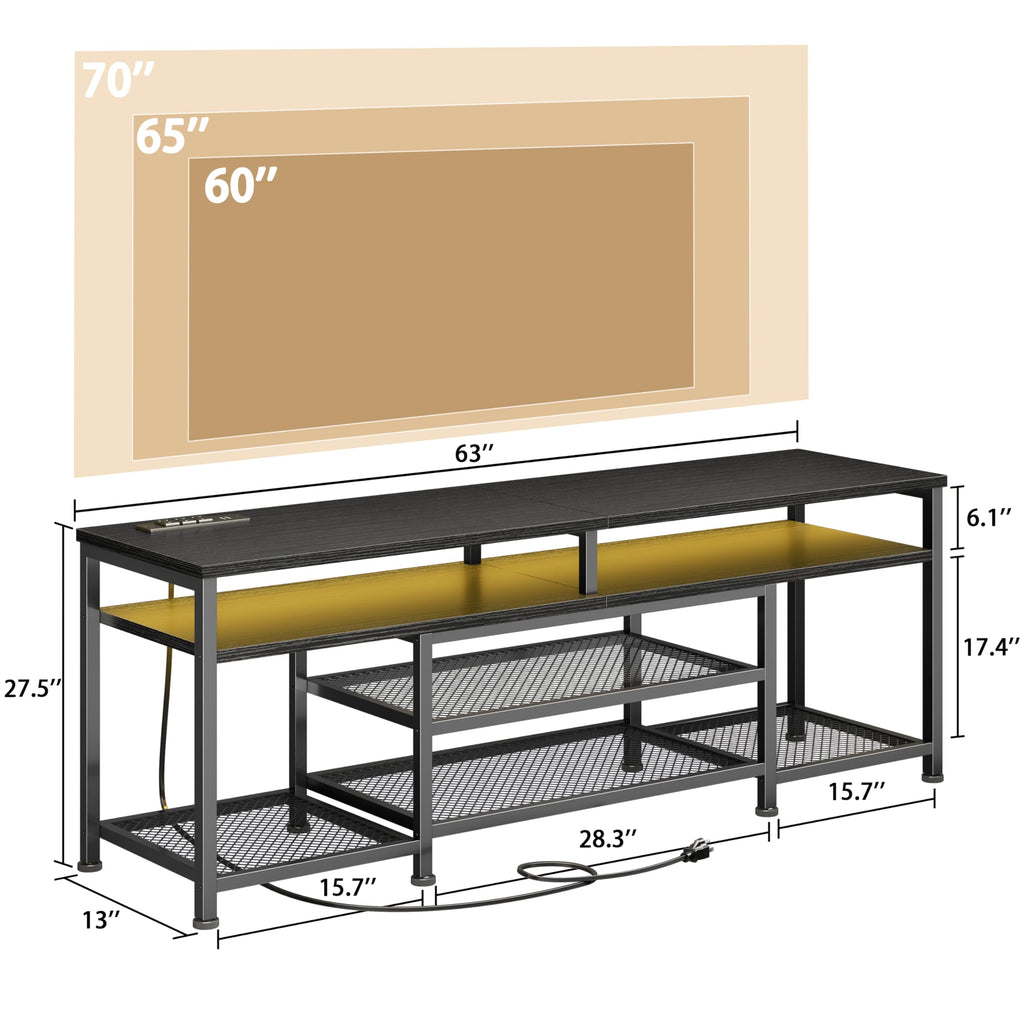 63 Inch TV Stand with Power Outlets & LED Lights, Black V153