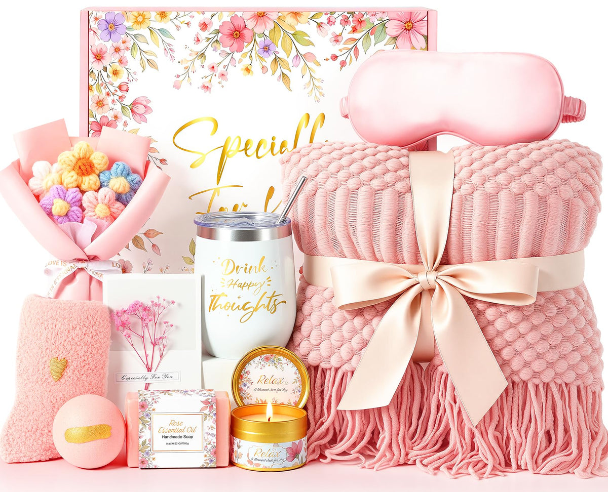 Spa Gift Basket with Blanket Candle Bath Bomb S991