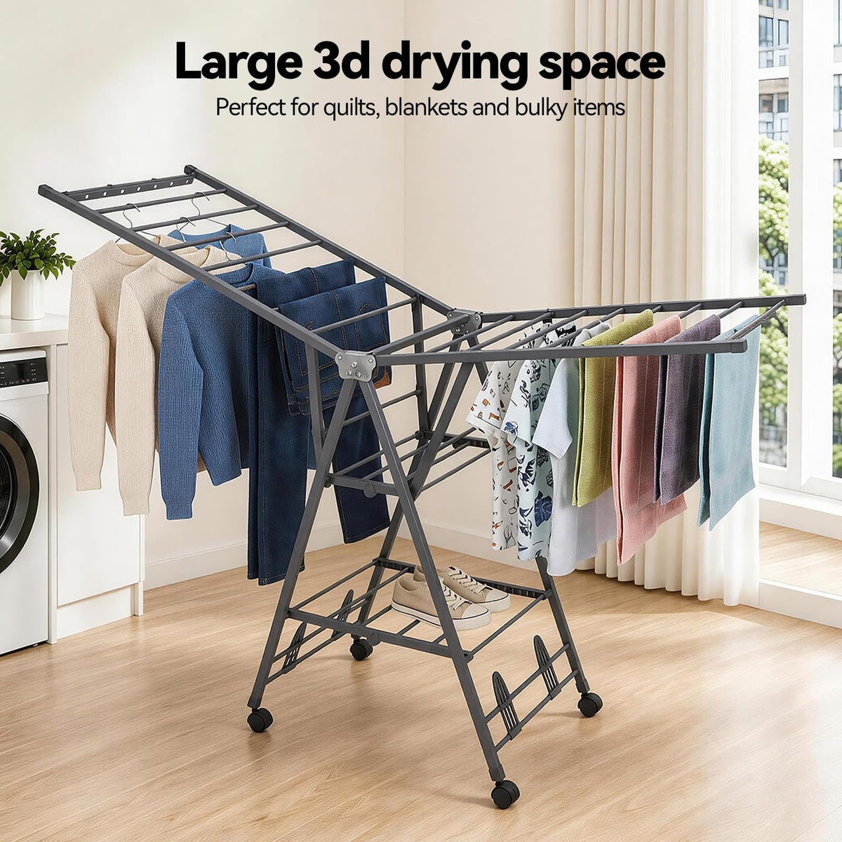 Foldable Metal Clothes Drying Rack with Wheels N161136