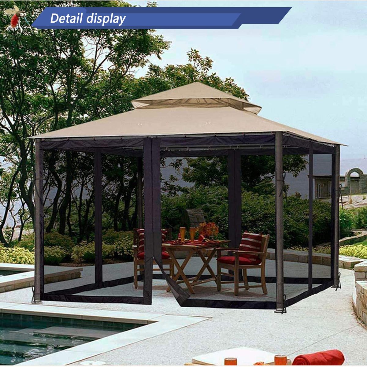 10x12 Gazebo Replacement Mosquito Netting 4-Panel Sidewall Screen with Zipper Black Y782