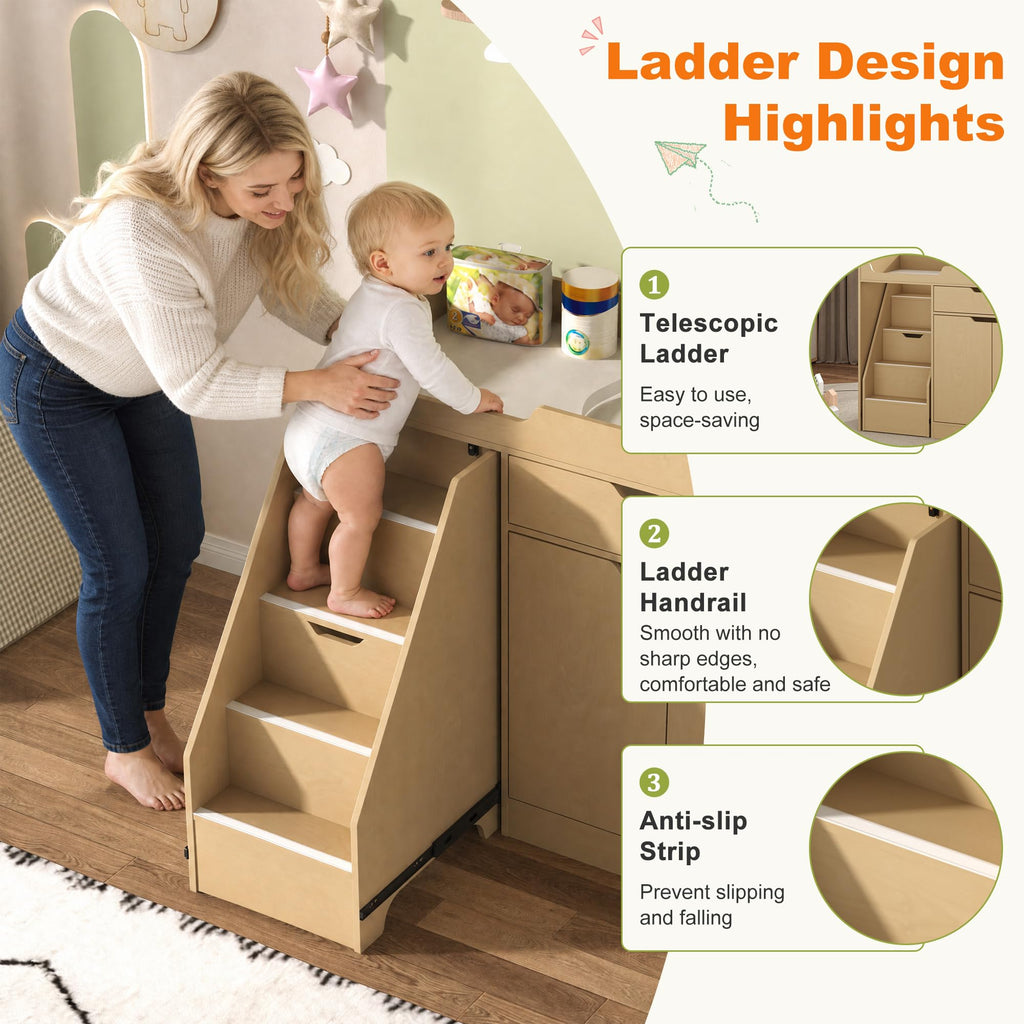 Oak Baby Changing Table with Drawers and Stairs V290144