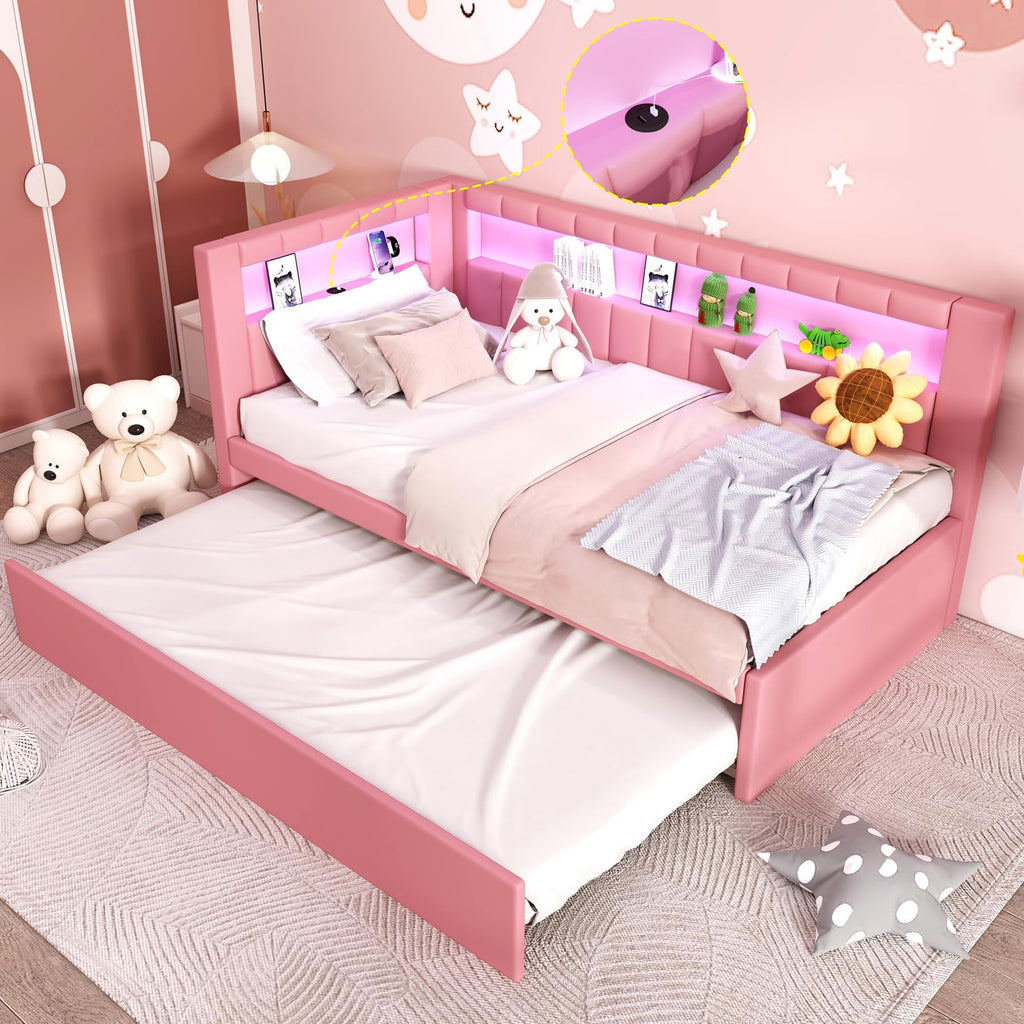 Pink Upholstered Twin Size Daybed with Trundle D621