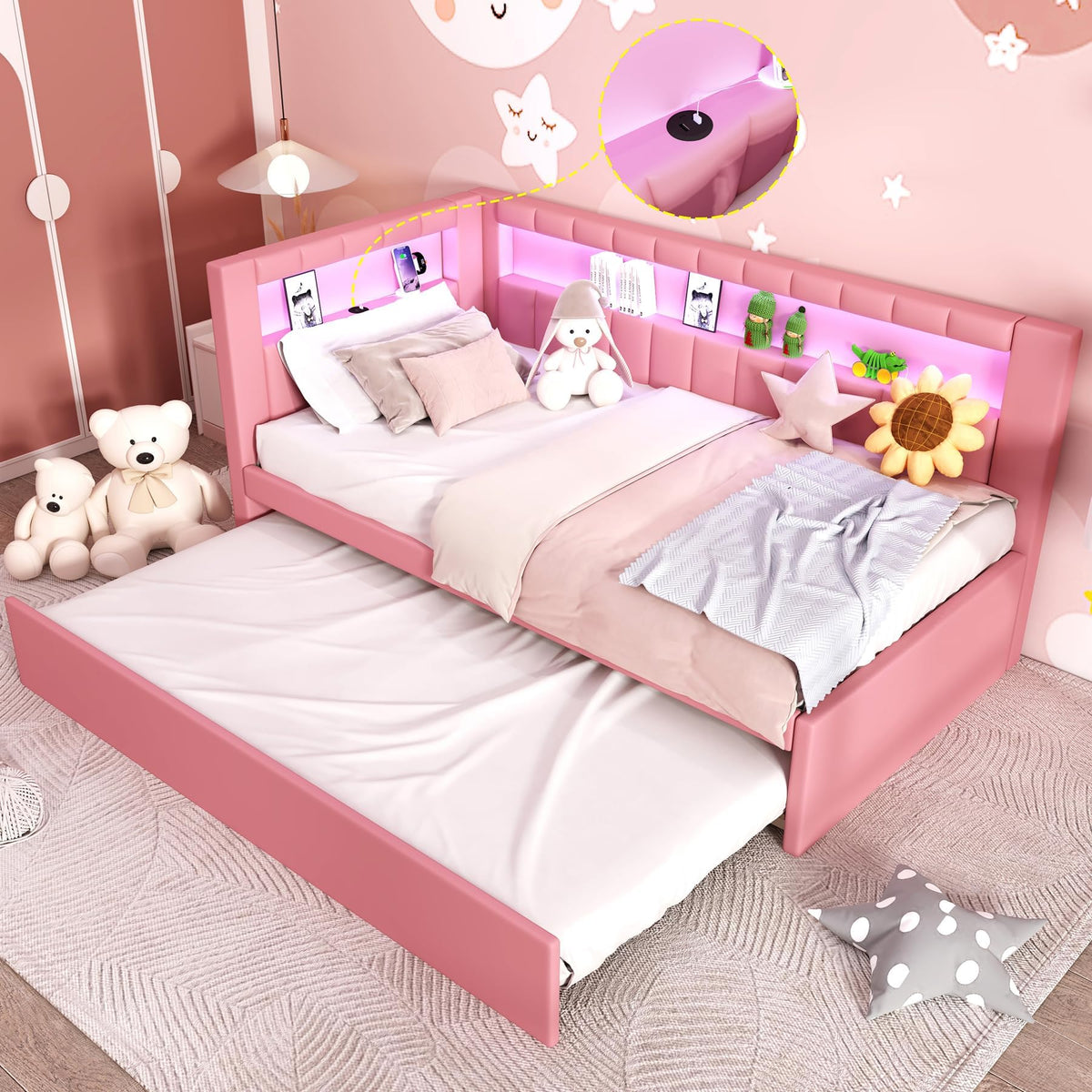 Pink Upholstered Twin Size Daybed with Trundle D621