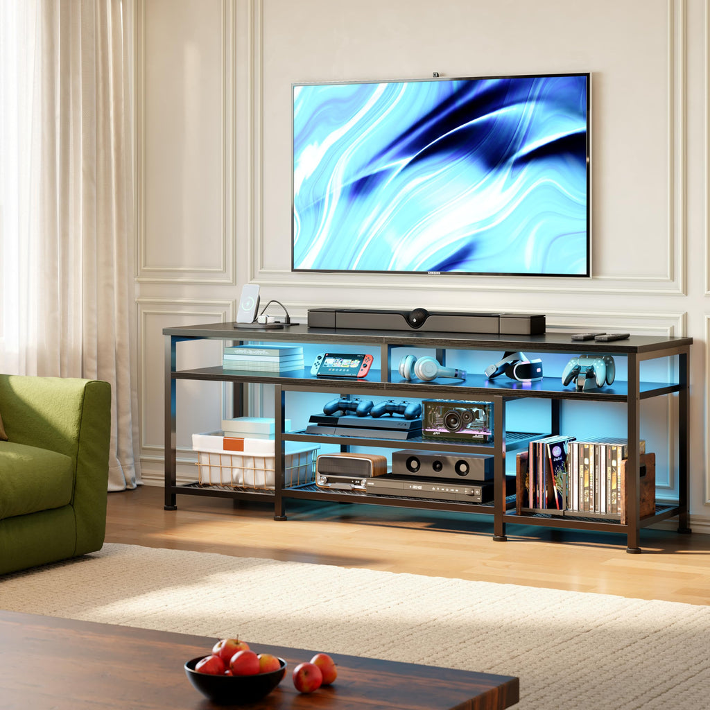 63 Inch TV Stand with Power Outlets & LED Lights, Black V153