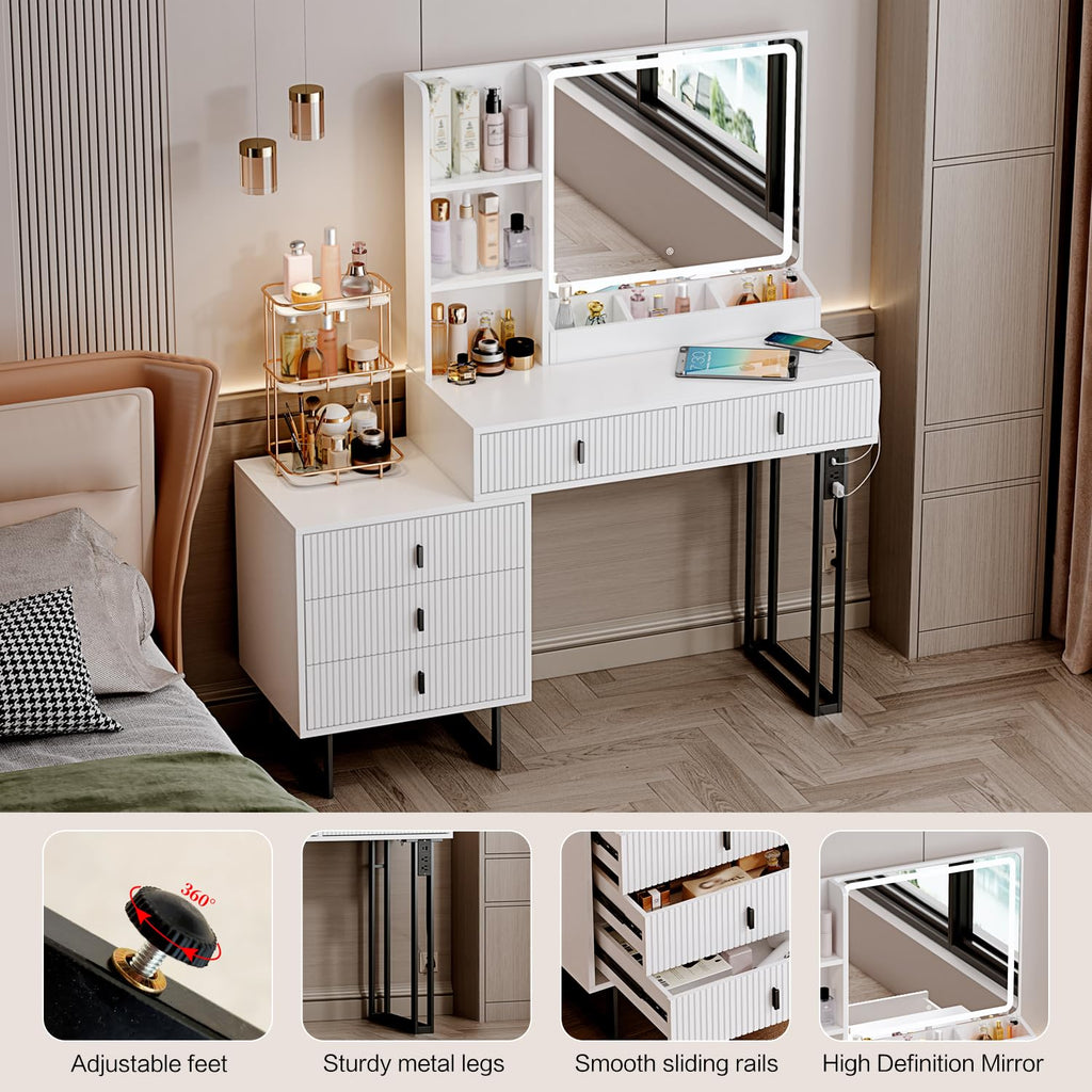 White Vanity Desk with Mirror and 5 Sliding Drawers I6289
