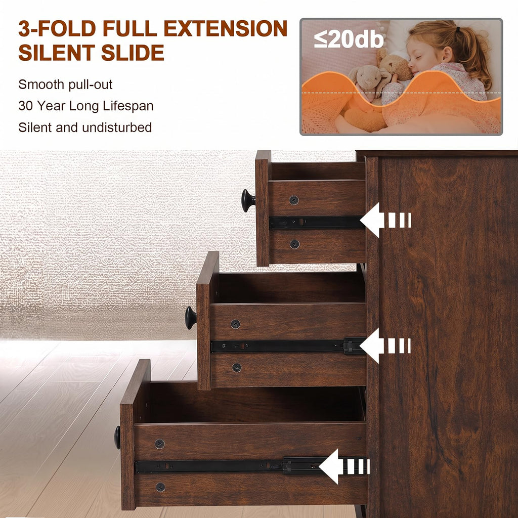 Cherry 3 Drawer Wood Nightstand with Charging Station S466607