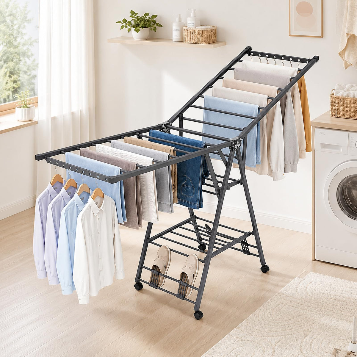 Foldable Metal Clothes Drying Rack with Wheels N161136