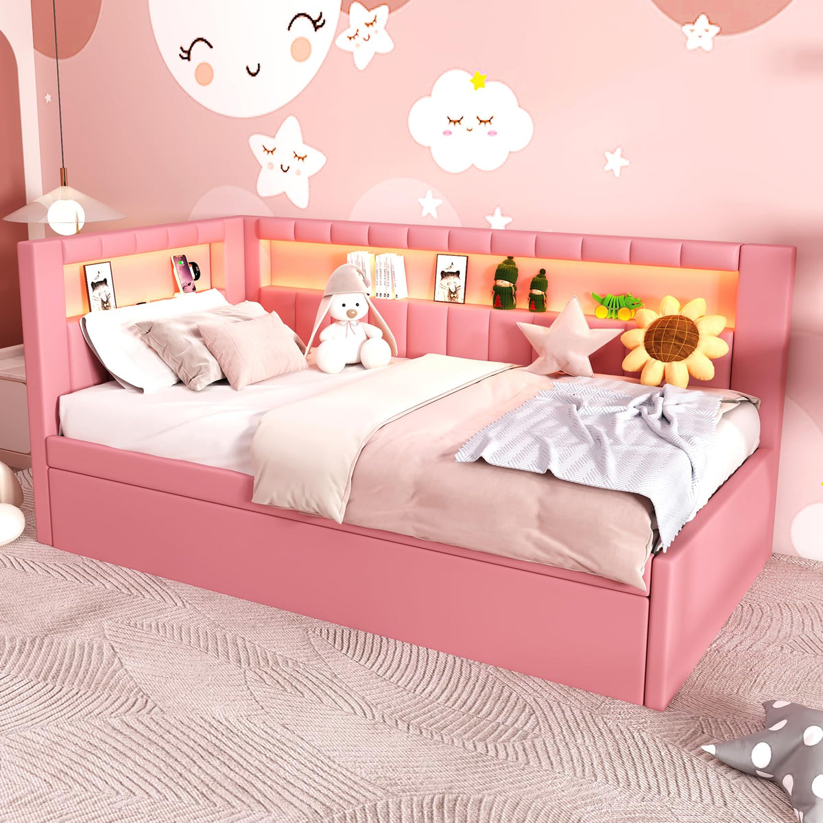 Pink Upholstered Twin Size Daybed with Trundle D621