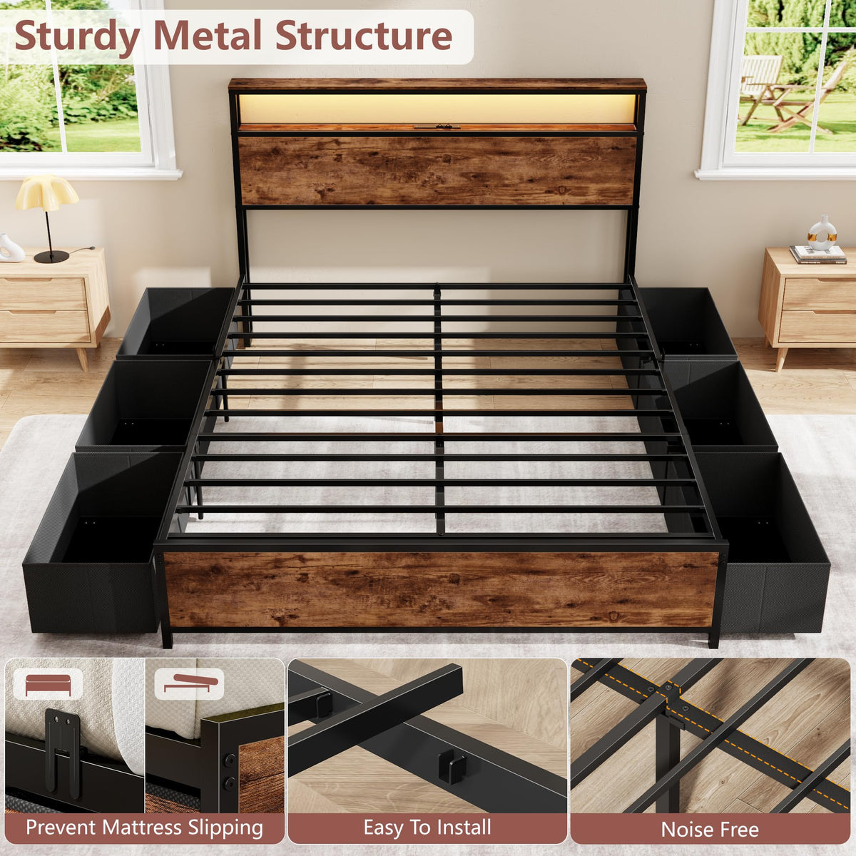 Queen Bed Frame with Storage Headboard & 6 Drawers T604