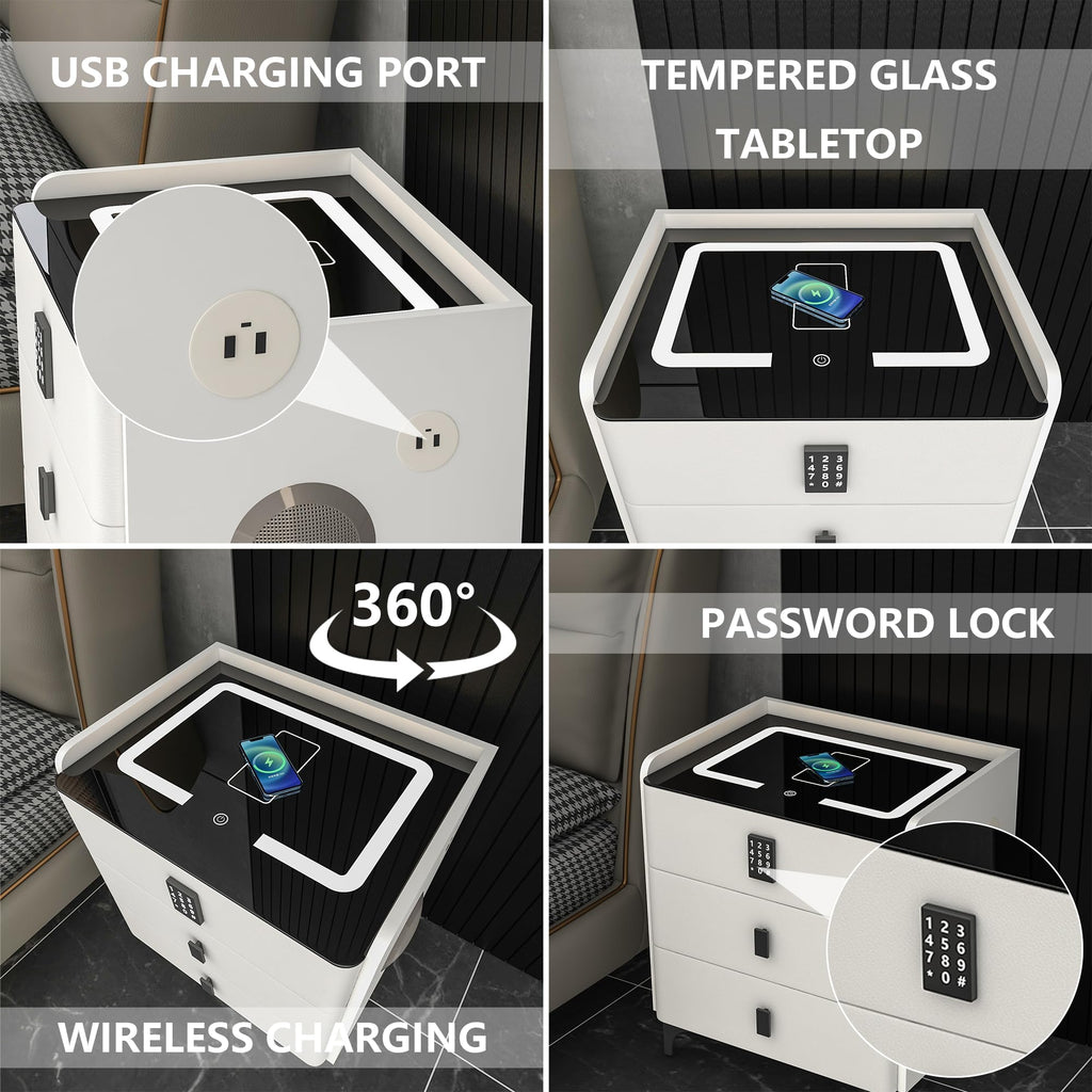 White Nightstand with Charging Station and LED Lights B5774
