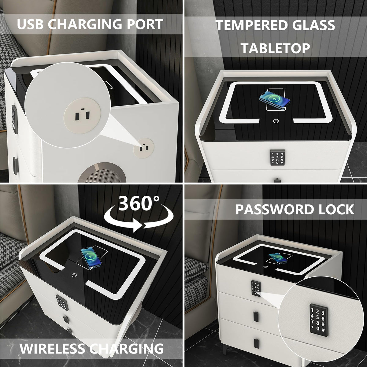 White Nightstand with Charging Station and LED Lights B5774