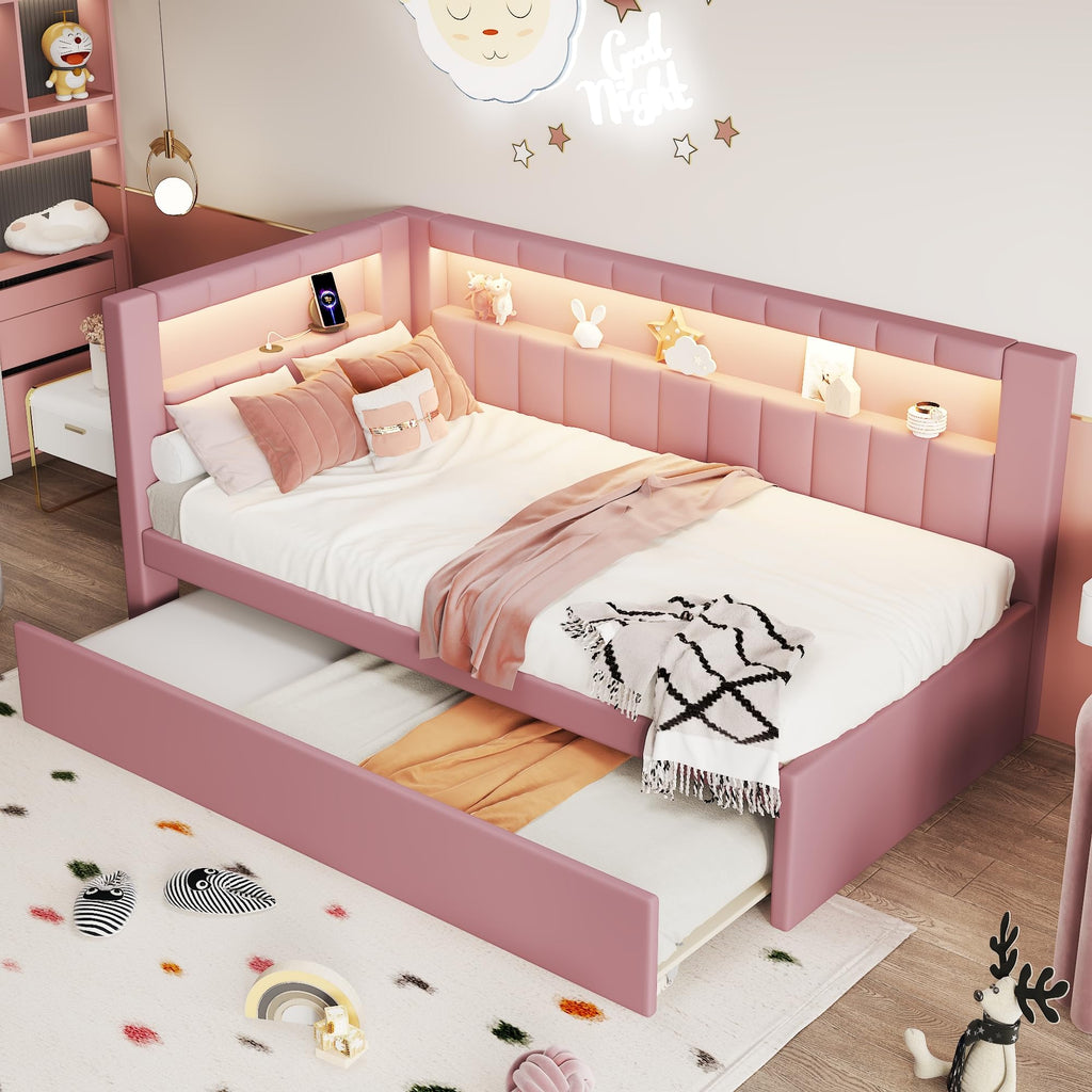Pink Upholstered Twin Size Daybed with Trundle D621