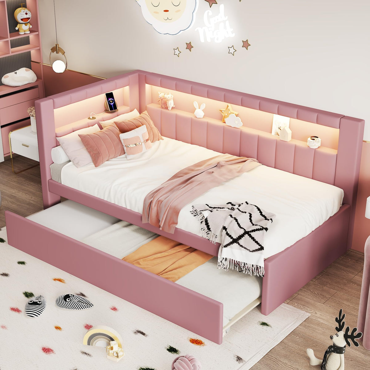 Pink Upholstered Twin Size Daybed with Trundle D621