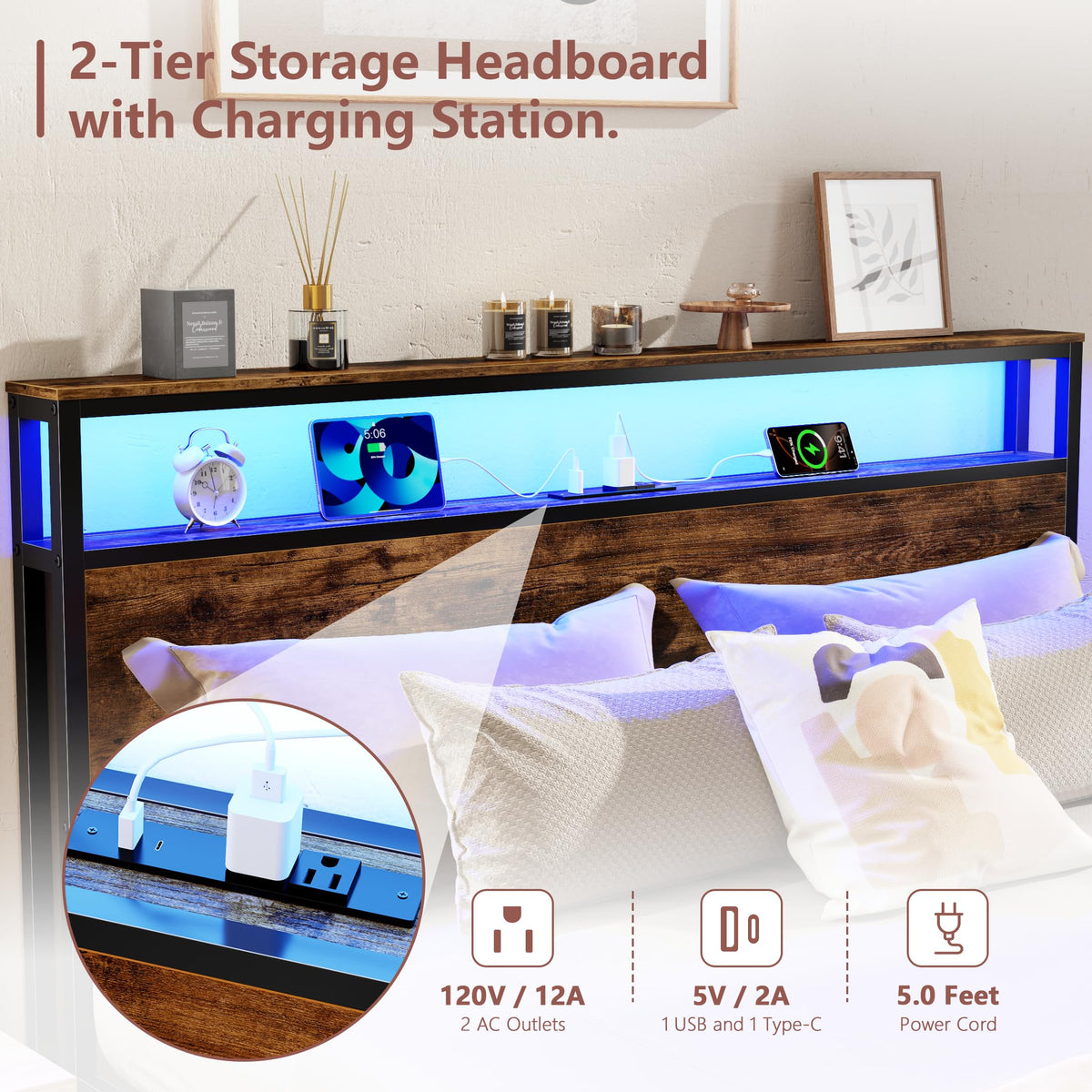 Queen Bed Frame with Storage Headboard & 6 Drawers T604