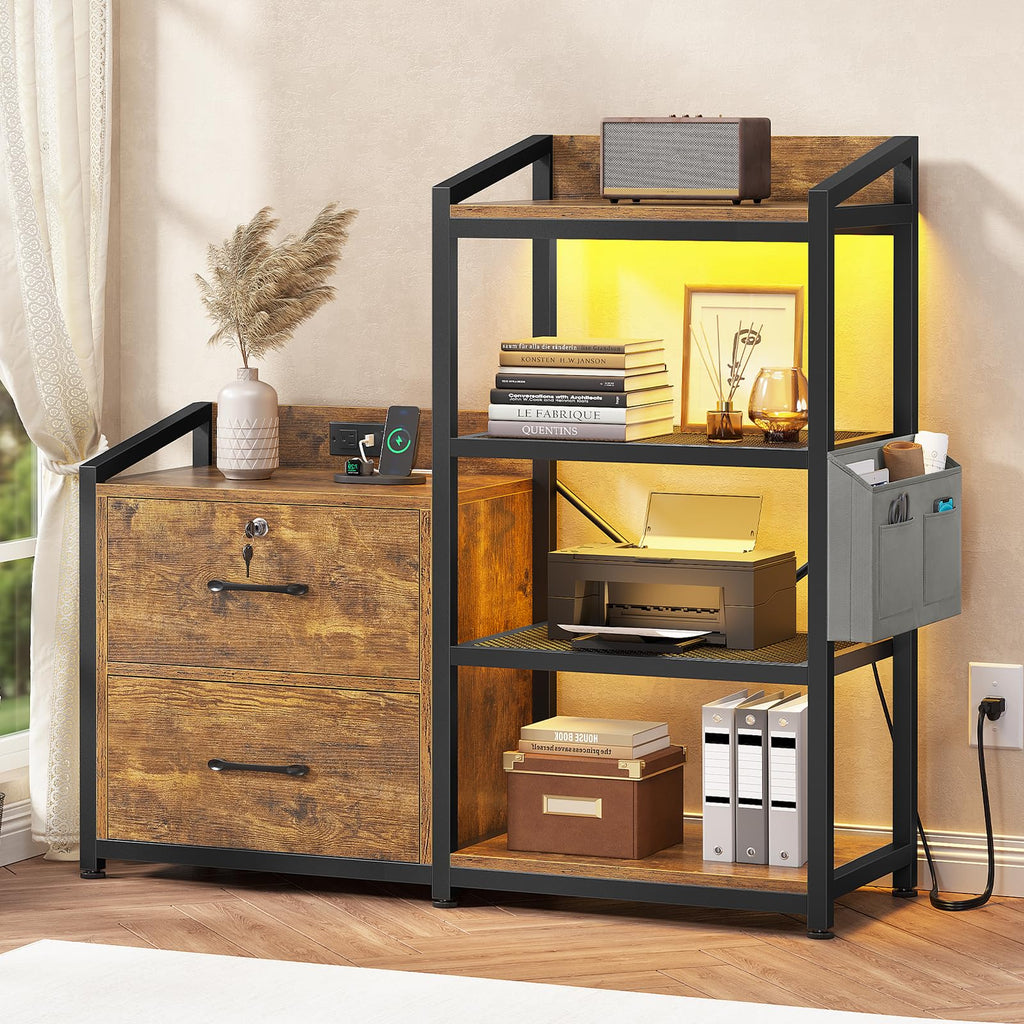 35.4” File Cabinet with 2 Drawer, Power Strip, LED Lights, Lock, Open Shelf, Rustic Brown I265612