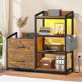 35.4” File Cabinet with 2 Drawer, Power Strip, LED Lights, Lock, Open Shelf, Rustic Brown I265612