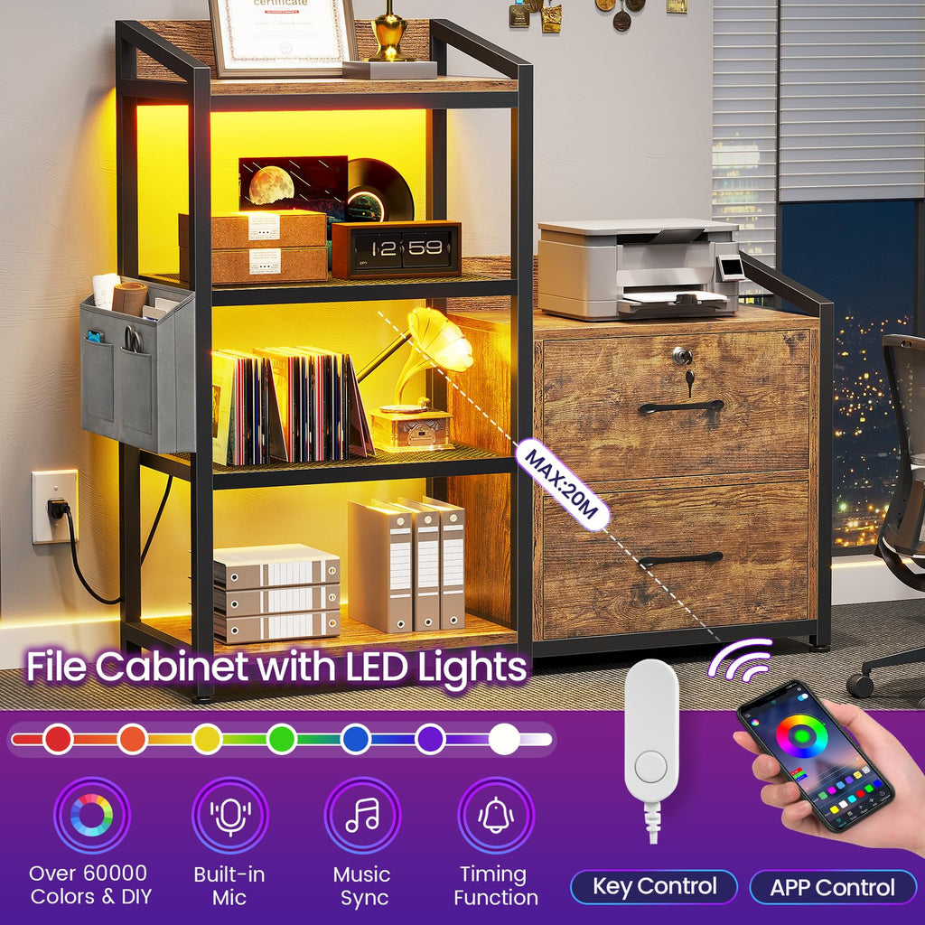 35.4” File Cabinet with 2 Drawer, Power Strip, LED Lights, Lock, Open Shelf, Rustic Brown I265612