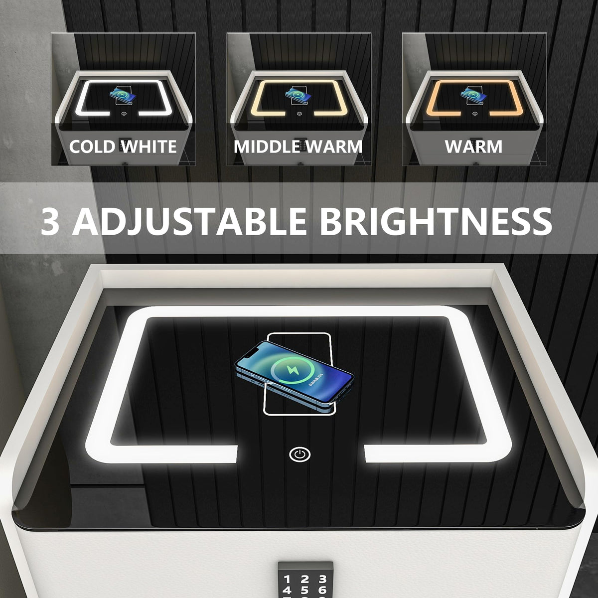 White Nightstand with Charging Station and LED Lights B5774