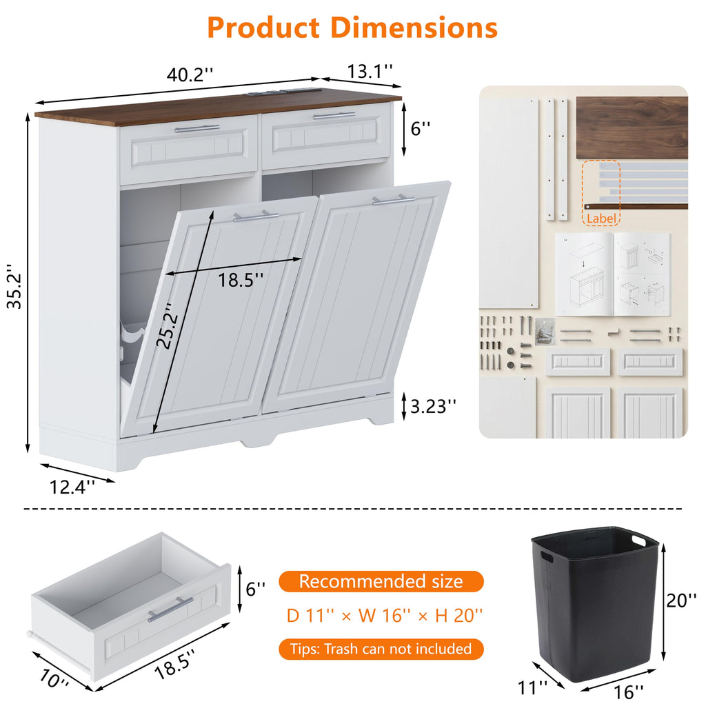 Double 10 Gallon Tilt Out Trash Can Cabinet with Power Outlet, White C52613
