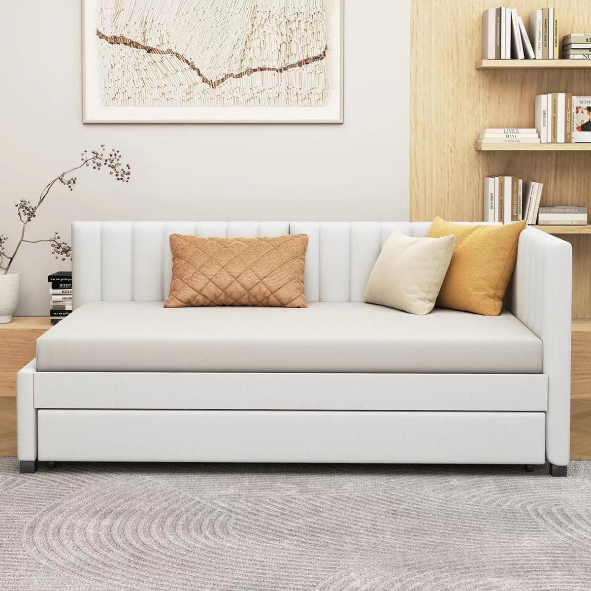Beige Linen Twin Size Upholstered Daybed with Trundle U389707