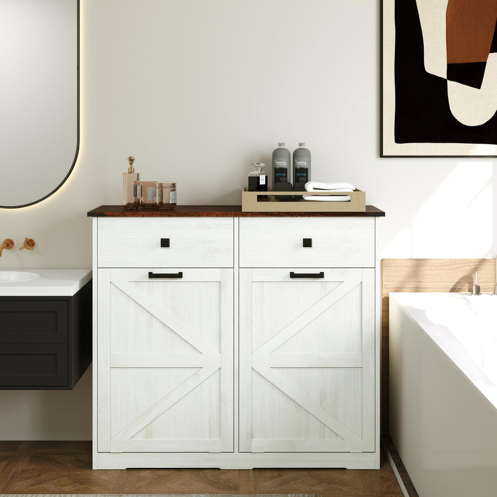 Double Tilt Out Trash Cabinet with Storage Drawers, Antique White J737473