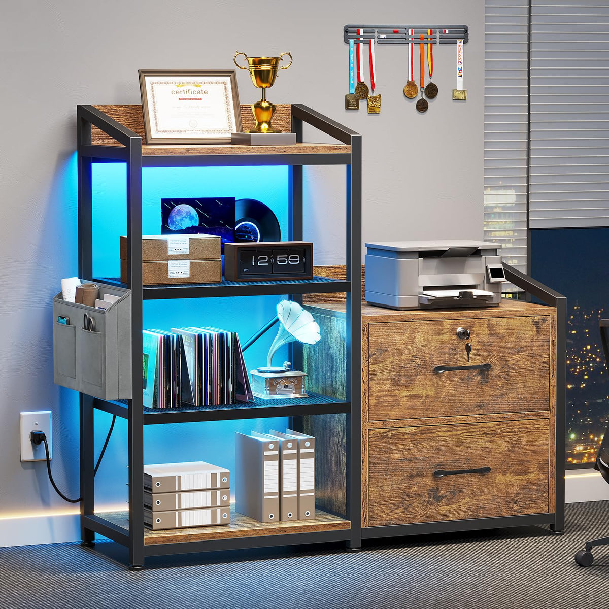 35.4” File Cabinet with 2 Drawer, Power Strip, LED Lights, Lock, Open Shelf, Rustic Brown I265612