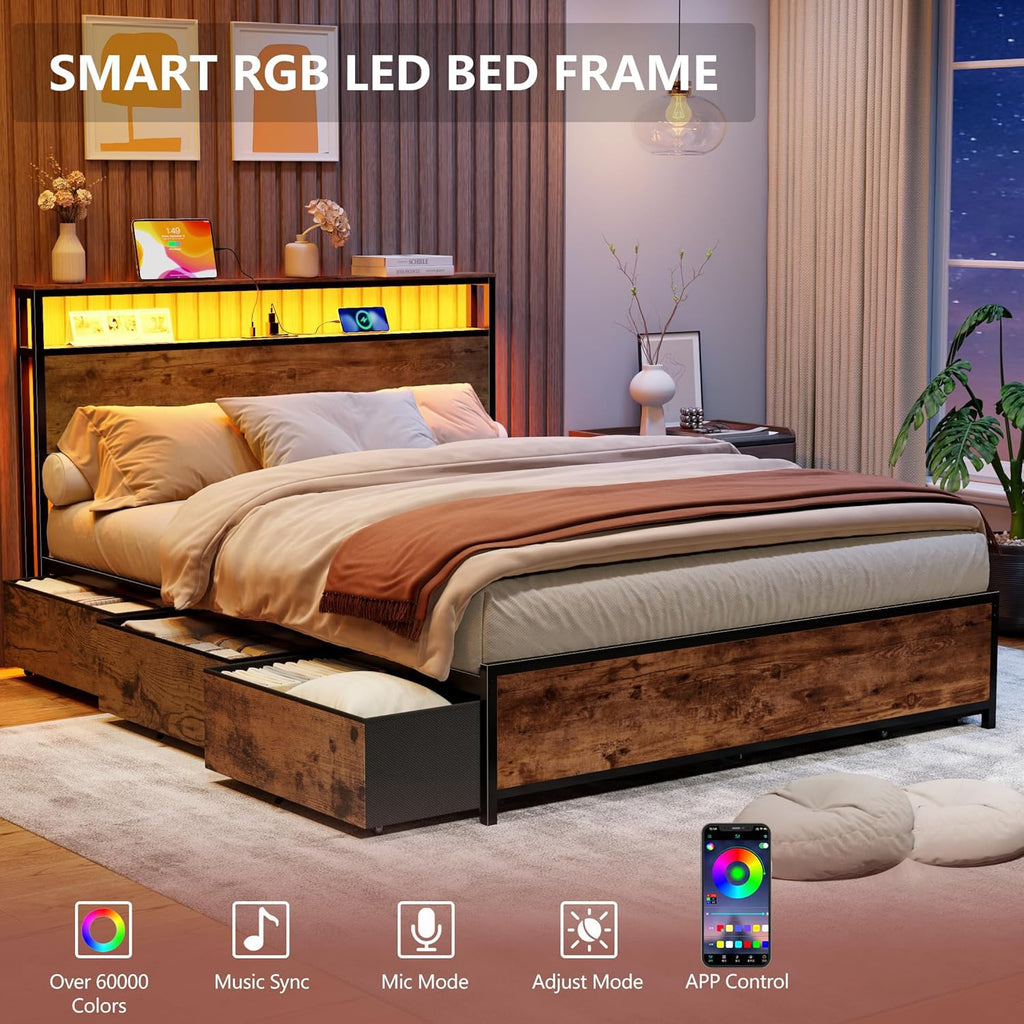 Queen Bed Frame with Storage Headboard & 6 Drawers T604