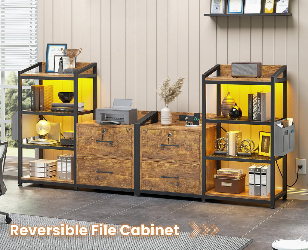 35.4” File Cabinet with 2 Drawer, Power Strip, LED Lights, Lock, Open Shelf, Rustic Brown I265612
