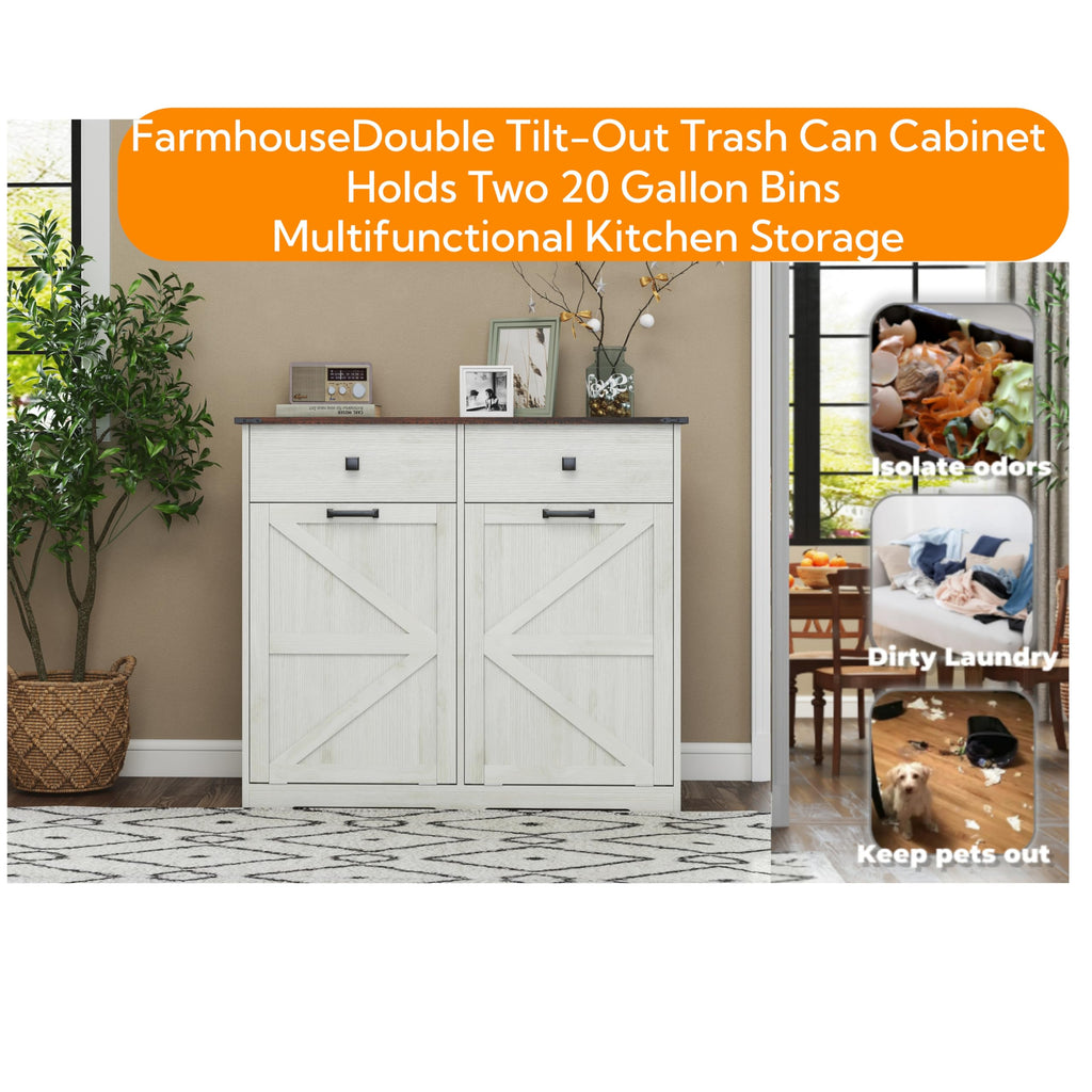 Double Tilt Out Trash Cabinet with Storage Drawers, Antique White J737473