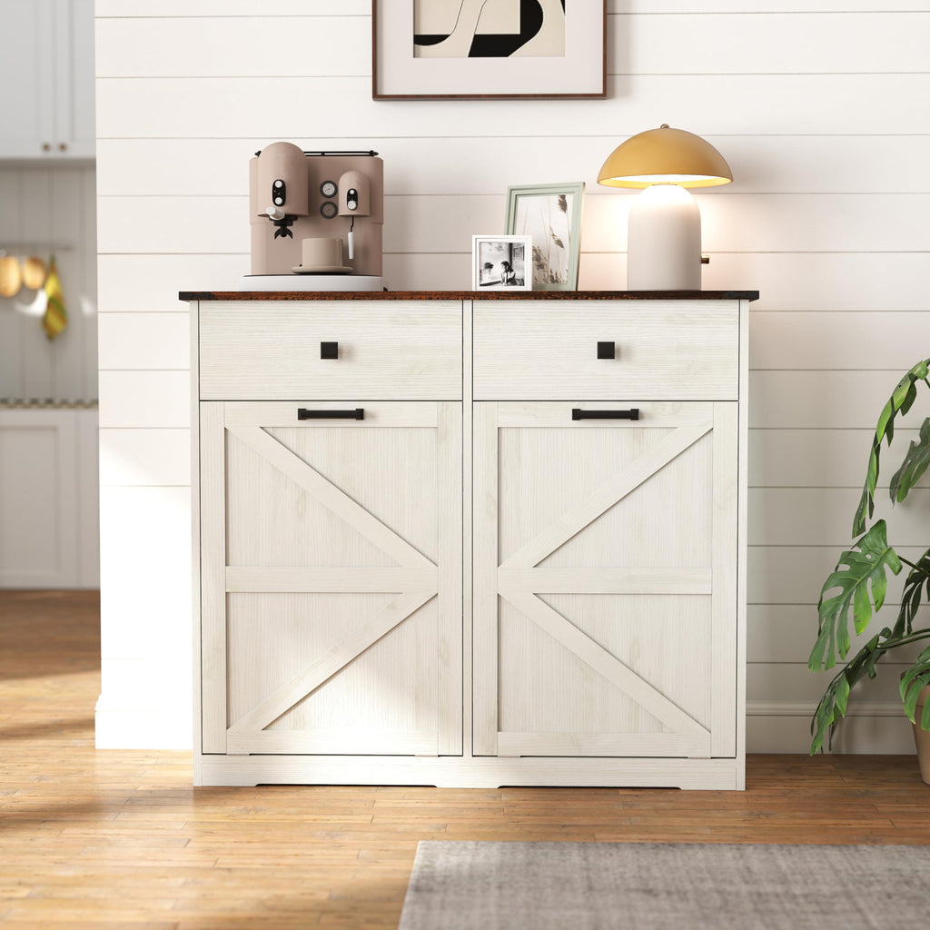 Double Tilt Out Trash Cabinet with Storage Drawers, Antique White J737473