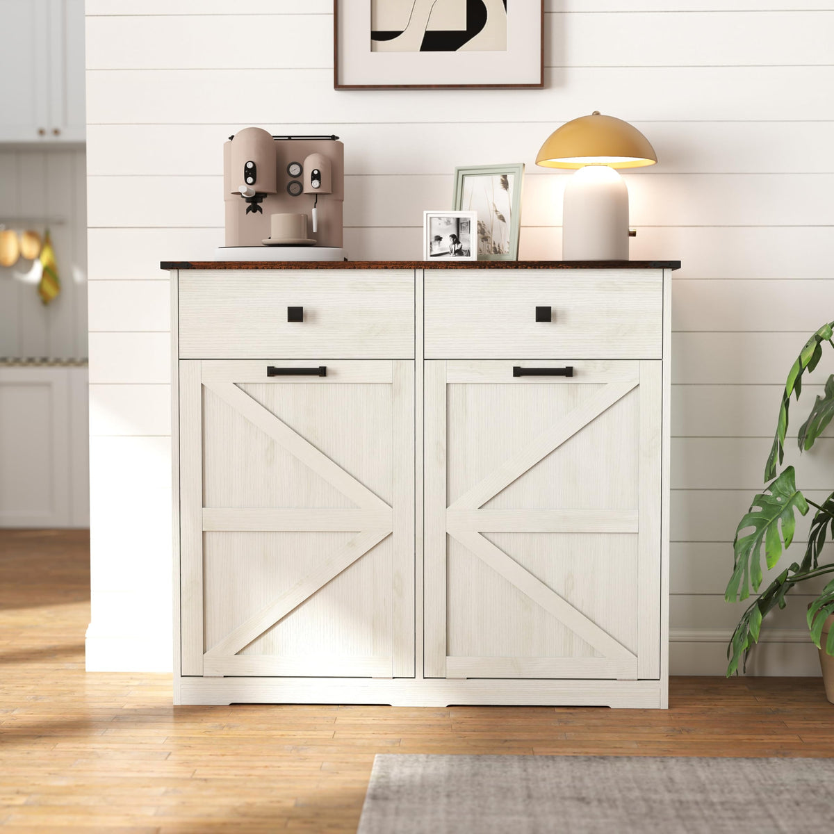 Double Tilt Out Trash Cabinet with Storage Drawers, Antique White J737473