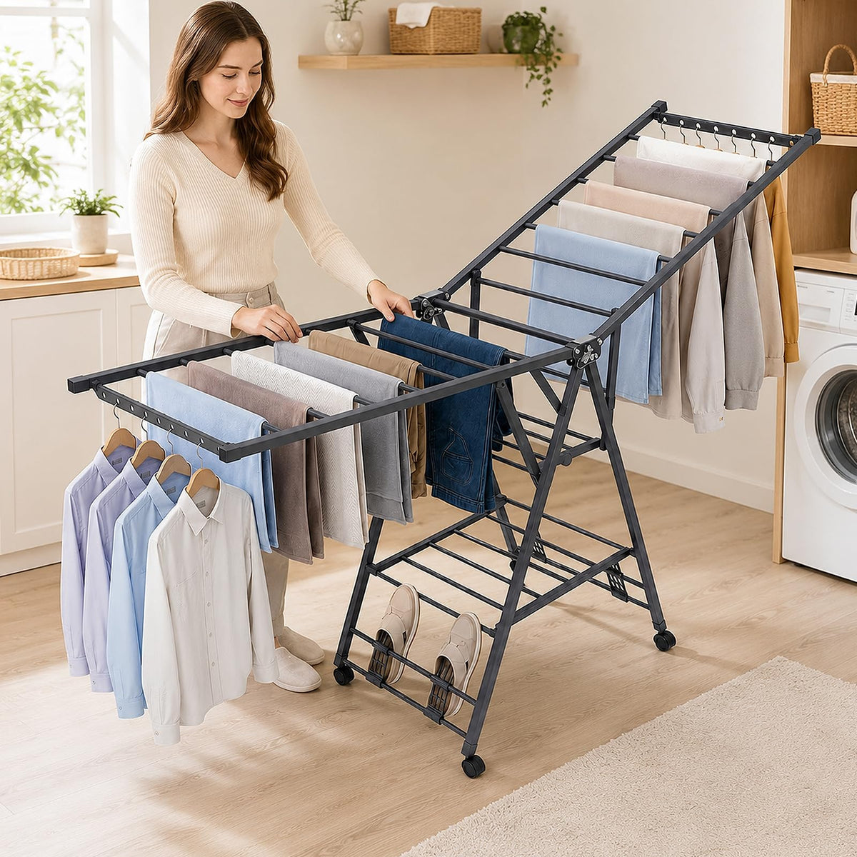 Foldable Metal Clothes Drying Rack with Wheels N161136