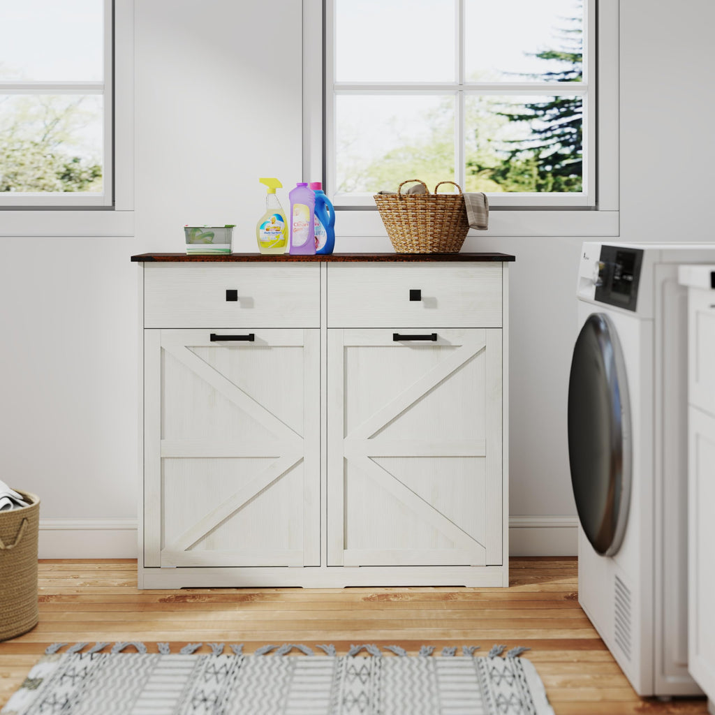 Double Tilt Out Trash Cabinet with Storage Drawers, Antique White J737473