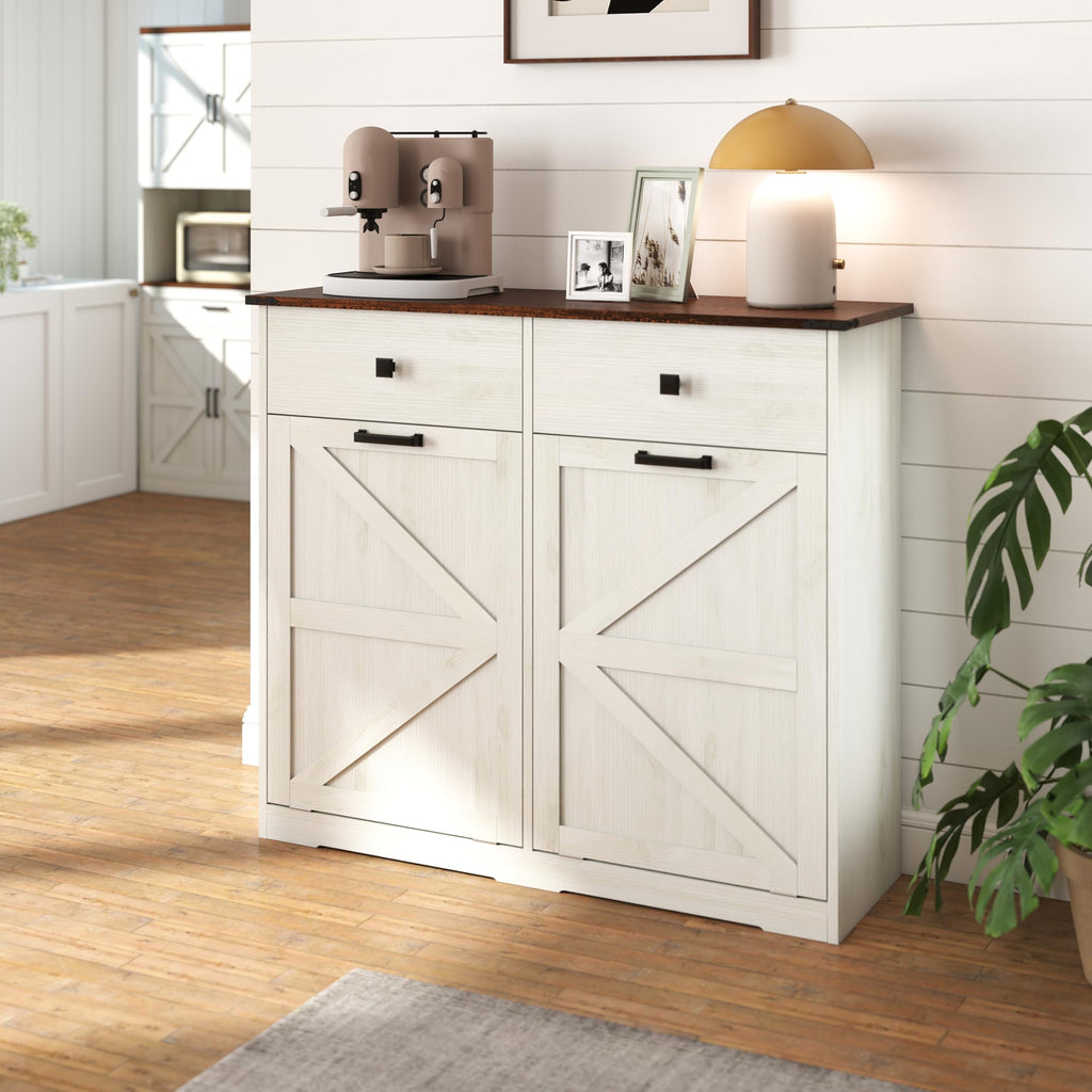 Double Tilt Out Trash Cabinet with Storage Drawers, Antique White J737473