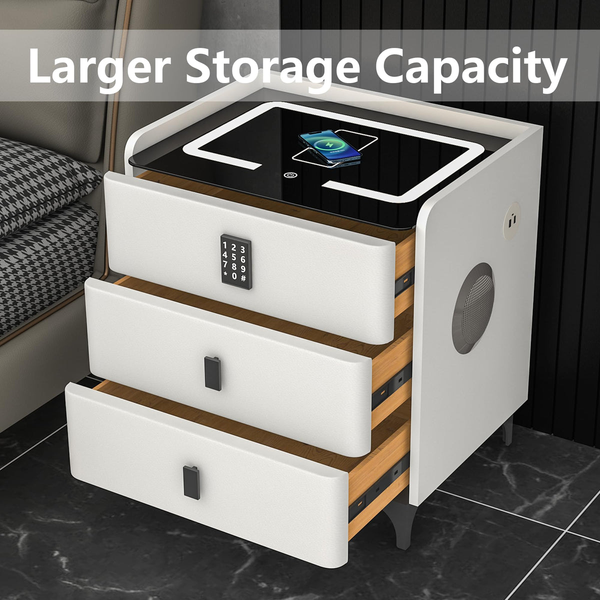 White Nightstand with Charging Station and LED Lights B5774