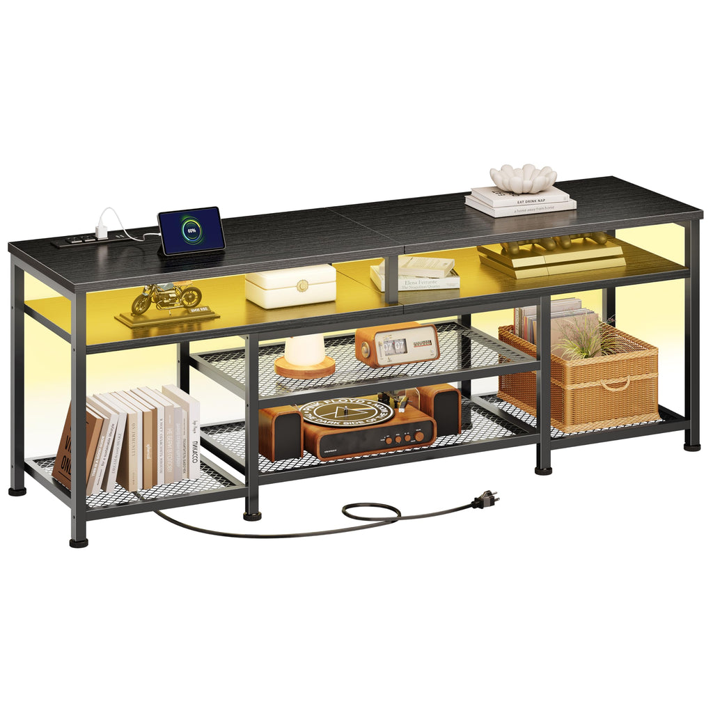 63 Inch TV Stand with Power Outlets & LED Lights, Black V153
