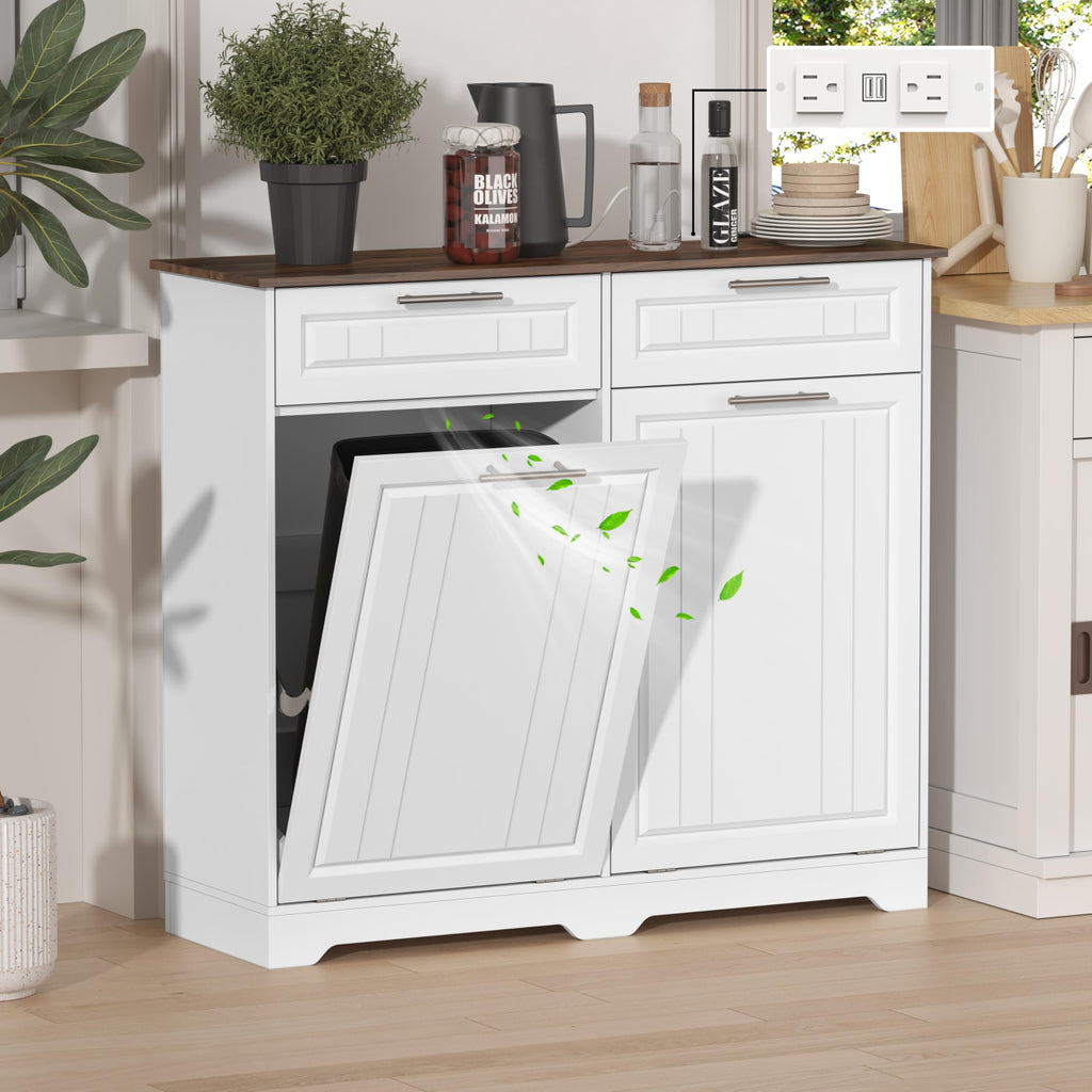 Double 10 Gallon Tilt Out Trash Can Cabinet with Power Outlet, White C52613
