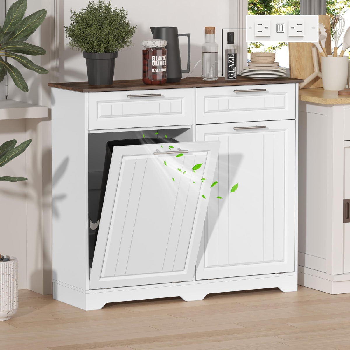 Double 10 Gallon Tilt Out Trash Can Cabinet with Power Outlet, White C52613