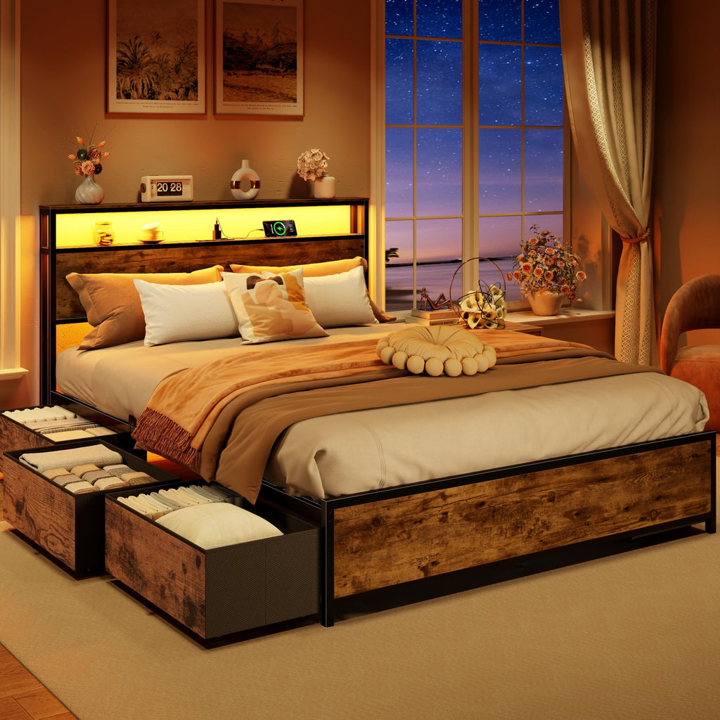 Queen Bed Frame with Storage Headboard & 6 Drawers T604