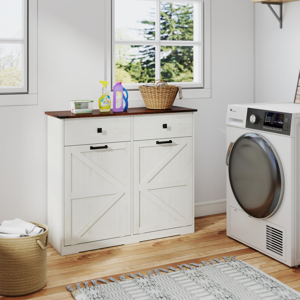 Double Tilt Out Trash Cabinet with Storage Drawers, Antique White J737473
