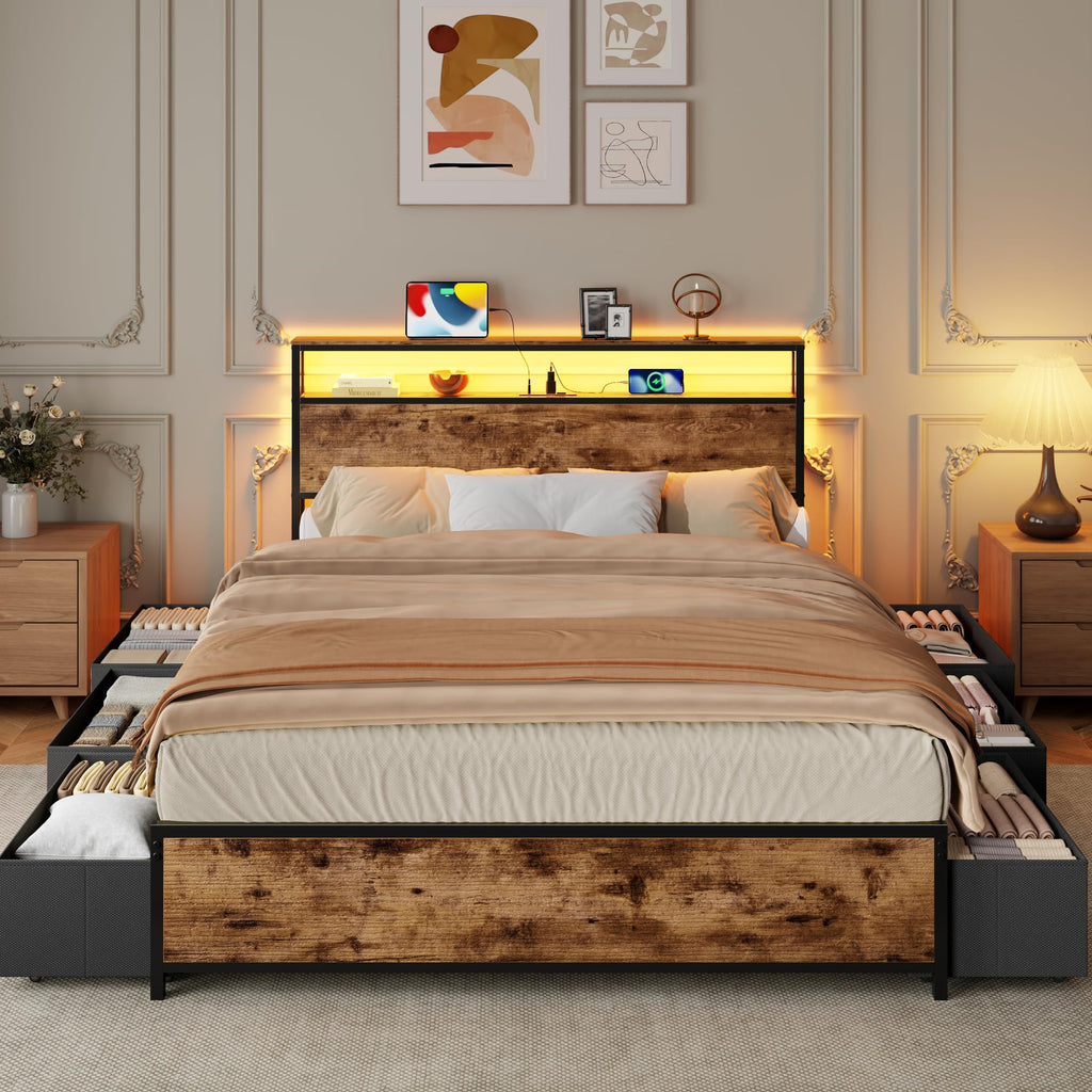 Queen Bed Frame with Storage Headboard & 6 Drawers T604