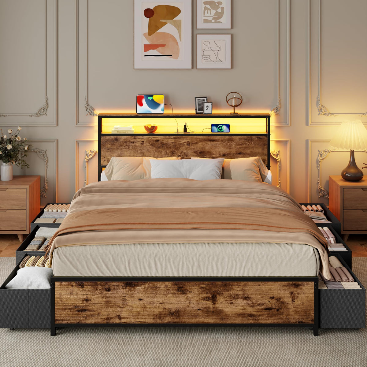 Queen Bed Frame with Storage Headboard & 6 Drawers T604